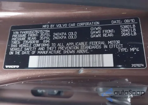 2011 Volvo Xc60 T6/T6 R-Design from USA, damaged, VIN YV4902DZ7B2152194